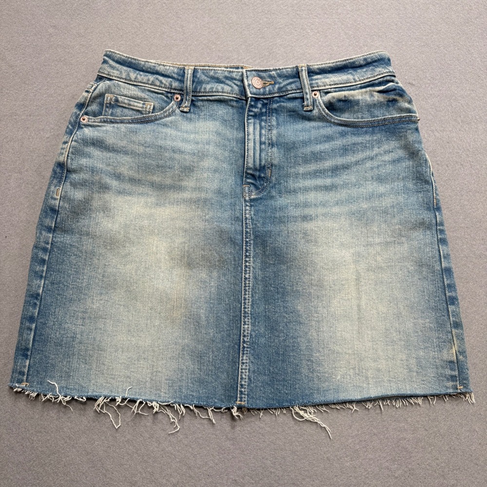Old Navy Jean Skirt Women's 8 Blue Medium Wash Frayed Hem Whiskered Y2K Boho